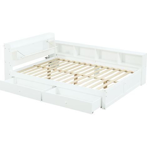 Doppelbett 140x200 cm mit Stauraum-Kopfteil, 2 Lampen, Steckdose, Schubladen, Weiß (1/5)