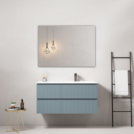 Mobile bagno sospeso cannettato 100 cm Blu Avio Lavabo a Destra in Ceramica Specchio Quadro - Fiji Paint (1/4)