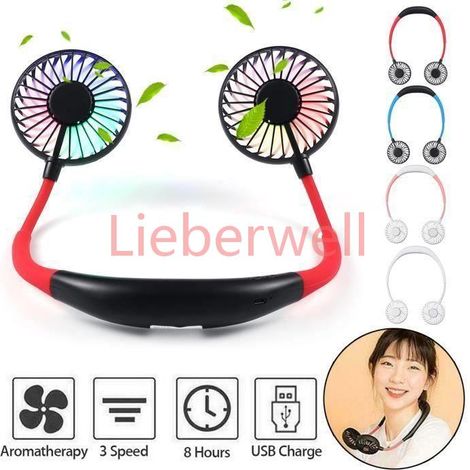 Ventilateur Cou Portable USB Rechargeable , Pendaiso , Rouge Noir , 3 Vitesses , Éclairage Aromathérapie (1/4)