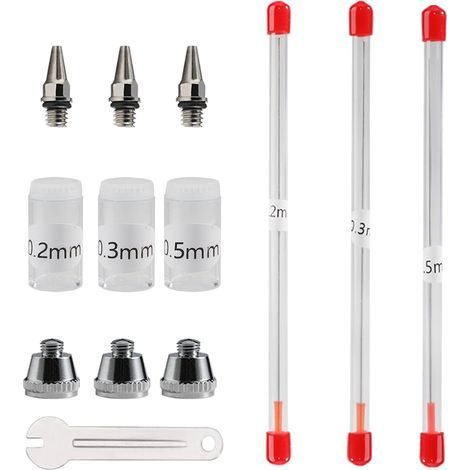 Airbrush-Düse und Nadel 0,2 mm, 0,3 mm, 0,5 mm, Ersatzteile für Spritzpistolen, Set mit verstellbarem Schraubenschlüssel (1/5)