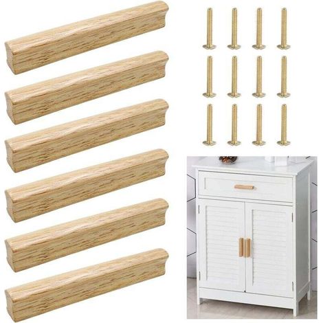 6 Pièces Poignées de Meubles Poignées de Portes de Cuisine en Bois Avec Vis Pas de Trou 128 mm Poignée de Meuble Placards en Bois pour Armoire Commode Tiroir et Autres Meubles