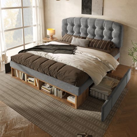 Lit simple 90x200 cm en velours gris avec sommier, tête de lit réglable et tiroirs (1/5)