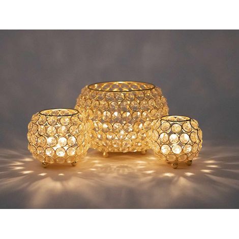 Lot de 3 Photophores Bougeoirs en Cristal et Métal Doré ou Argenté Forme Boule Vintage - PANGIVO (1/5)