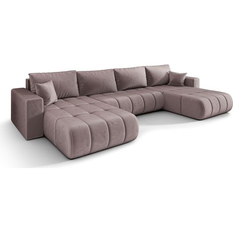 Canapé d’angle velours panoramique convertible avec coffre KAEL-Vieux rose (1/5)
