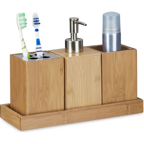 Ensemble d'accessoires de salle de bain en bambou – 4 pièces – Distributeur de savon, porte brosse à dents, pot ouvert, réceptacle (1/5)