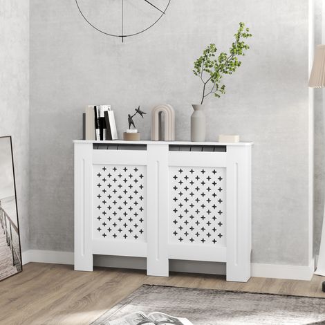 Cache radiateur en bois avec grille croisée, blanc, 112L x 19P x 81,5H cm, pour chambre et séjour (1/5)