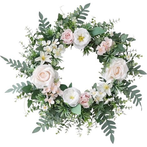 Couronne de roses artificielles pour porte d’entrée, porche ou mur de maison, style ferme, idéale au printemps