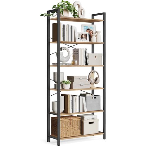 Libreria a 6 ripiani con struttura in acciaio per soggiorno ufficio ingresso stile industriale 80 x 30 x 186 cm marrone 120005454