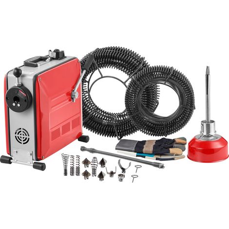 Furet Déboucheur Canalisations Électrique, 850 W, avec Câble à Ressort Acier 14,5 m x 16 mm, 14 m x 22 mm, 5 m x 9,5 mm, 0,4 m x 12 mm, 11 Coupeurs, pour Débouchage Tuyaux 50-200 mm de Diamètre (1/5)