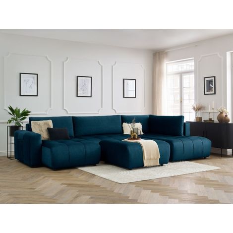 BOBOCHIC - Canapé panoramique convertible coffre ARSENE tissu velours avec pouf Angle gauche Bleu (1/5)