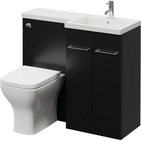 Napoli 390 Matt Black 1000mm 2 Door Vanity Unit Toilet Suite with Right Hand Square Lucia Basin - 1000mm - Chrome 160mm HandleWith Kingston Toilet Pan and Seat