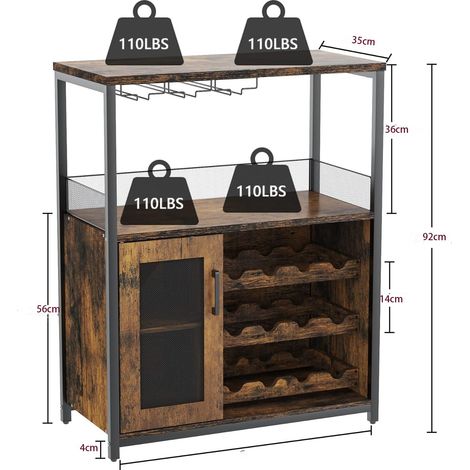 Buffet bar à vin industriel rétro – Étagère à vin réglable, porte-verres, tiroir amovible, porte grillagée – Rangement boissons et bouteilles – Compact avec LED – Couleur rétro avec lumineuxère (out o (1/5)