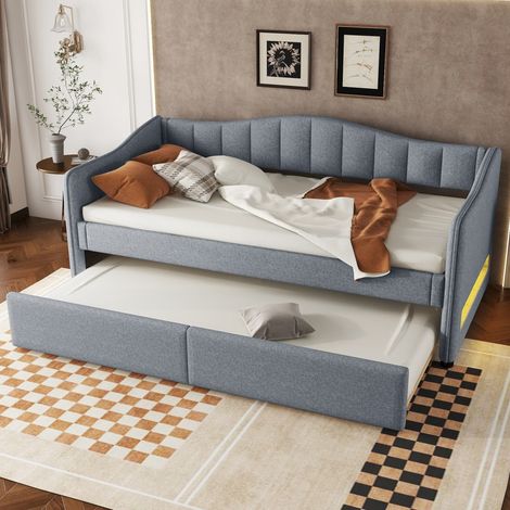 Lit banquette 90x200 cm avec lit gigogne, éclairage LED d'ambiance, tissu lin gris, sommier à lattes inclus, sans matelas (1/5)
