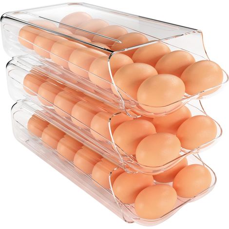 Lot de 3 - Porte-Œufs - Organiseur Réfrigérateur - Distributeur Automatique - Plateau Amovible - Plastique Transparent - Pour Cuisine - Incolore - 26x13x7cm (1/5)