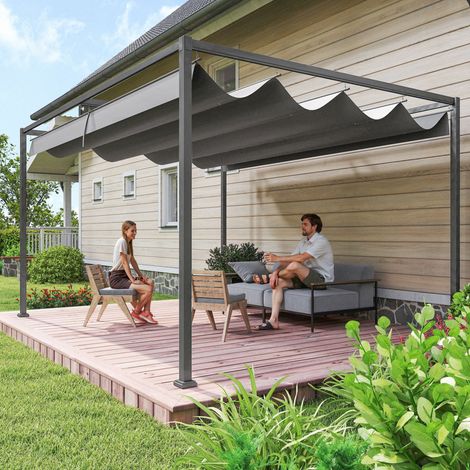 Pergola coulissante Pergola rétractable 4 x 3 m structure métal époxy anticorrosion toile 180 polyester g/m² gris foncé