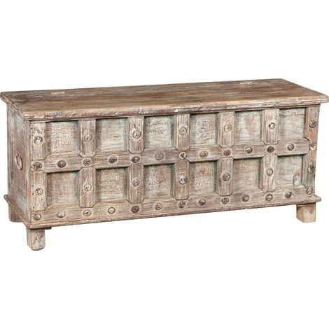 Coffre, coffre, banc, conteneur, étui, original antique en bois de teck sculpté avec une finition décapée