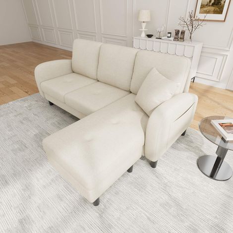 Canapé d’angle L 3 places avec méridienne modulable beige, tissu lin respirant, canapé compact avec coussins pour salon, appartement et bureau (1/5)