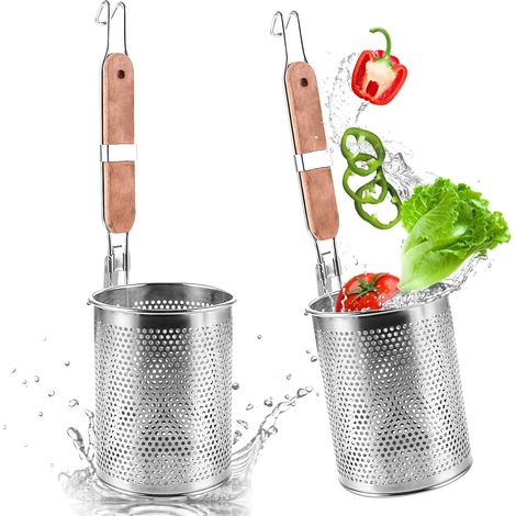 Lot de 2 Panier à pâtes, Acier inoxydable, Micro-perforé, Poignée en bois, Cuisine maison (1/5)