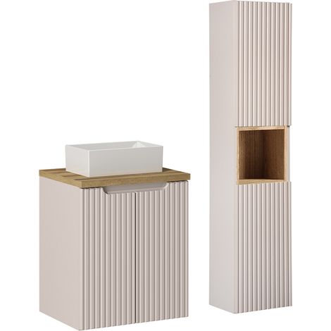 Conjunto de muebles con lavabo individual 50cm 2 puertas y columna Riva Cachemira y Madera