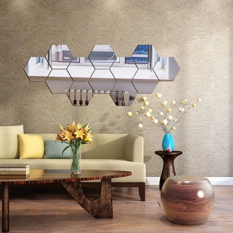Miroir Mural Hexagonal - Décoration Murale en Acrylique - Pour Salon Chambre Salle de Bain - 12 Pièces Argent (1/4)