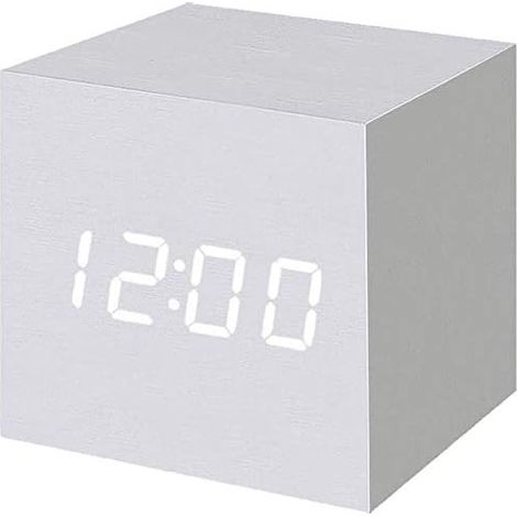 Réveil numérique à LED en Bois, Horloge Cubique Numérique avec Affichage Date et Température, Prise USB / Batterie (Blanc)