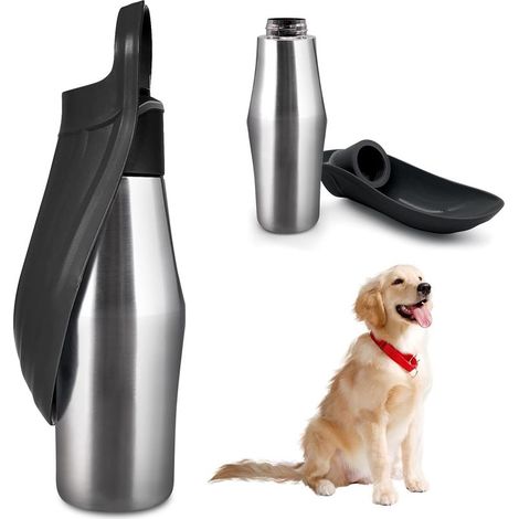 Hunde-Trinkflasche – 750 ml – Edelstahl – 180° faltbar – Tragbare Hunde-Trinkflasche – Für Spaziergänge, Parks und Camping – Schwarz – Größe A (1/5)