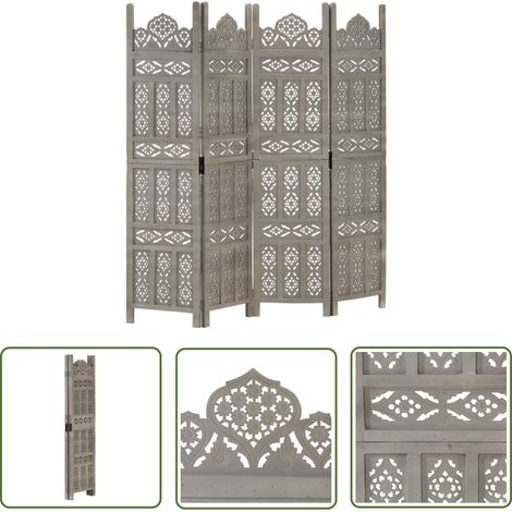 The Living Store Cloison de séparation 4 panneaux Gris 160x165 cm Bois manguier - Cloison De Séparation - Paravent - Écran D'intimité - Décoration Murale - Meuble Pliable (1/5)