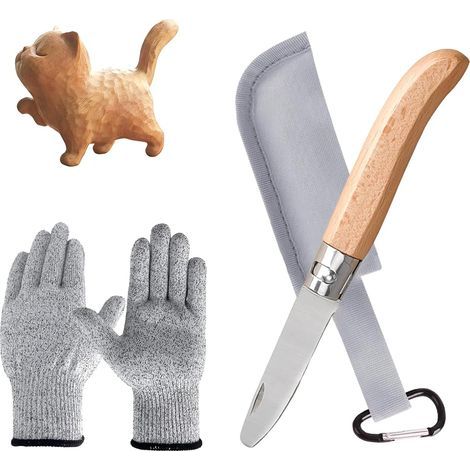 Kinder-Schnitzmesser, klappbares Holzmesser mit Sicherheitsverriegelung, inklusive Scheide und schnittfesten Handschuhen. Geeignet für Kinder ab 6 Jahren. (1/5)