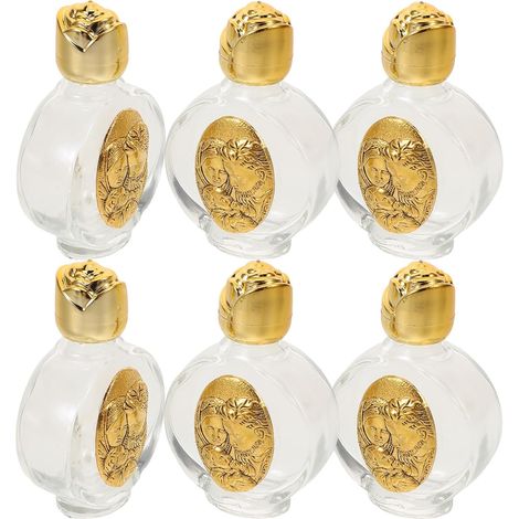 Set di 6 bottigliette vuote in vetro per acqua santa, con tappi a forma di rosa ritorta, adatte per oli essenziali e profumi. (1/5)