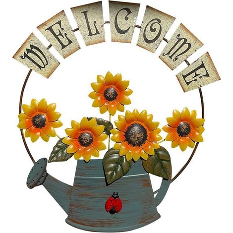 1 plaque de bienvenue métal, design tournesol, à suspendre, pour porte d'entrée, jardin ou intérieur (1/5)