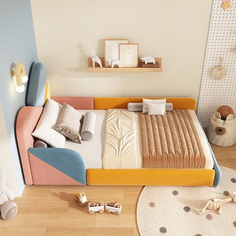 Lit enfant capitonné 90x200 design patchwork multicolore - barrières de sécurité - velours - bleu et rose et jaune (1/5)