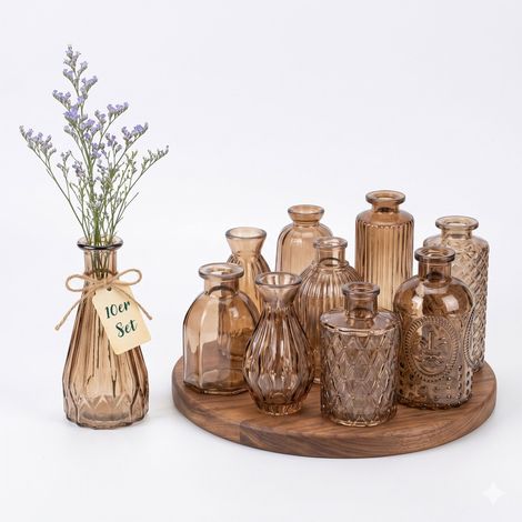 Vasi Relaxdays, set da 10, superficie strutturata, design vintage, vetro, altezza: 10-14,7 cm, vasi decorativi.