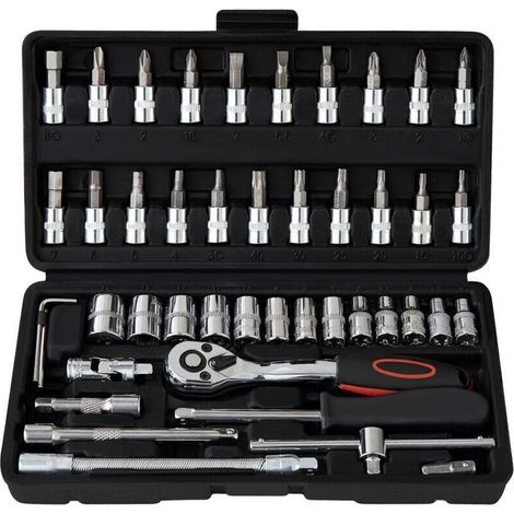 Kit de 46 pièces en acier chromé-vanadium : clés à cliquet 1/4″ 72 dents, clés plates et à douille, avec boîte de rangement (1/5)