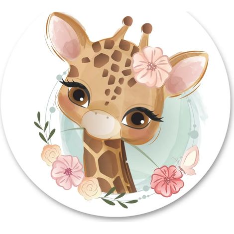 Sticker rond pour filles, girafe, animal, papillon, fleurs, feuilles, plantes, autocollant mural, 100 cm x 100 cm (1/5)