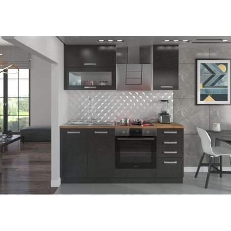 Cuisine complète L 180 cm – Meuble four et plans de travail – 6 éléments – Panneaux mélaminés 16mm – Coloris gris Matera (1/5)
