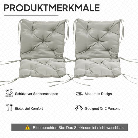 Lot de 2 coussins de chaise 98x50 cm, assise rembourrée avec liens, housse en tissu, épaisseur 8 cm, gris clair (1/4)