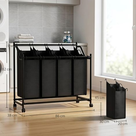 Trieur de linge roulant 108 L avec 4 compartiments, poignée et roulettes, rangement pratique, coloris noir (1/5)