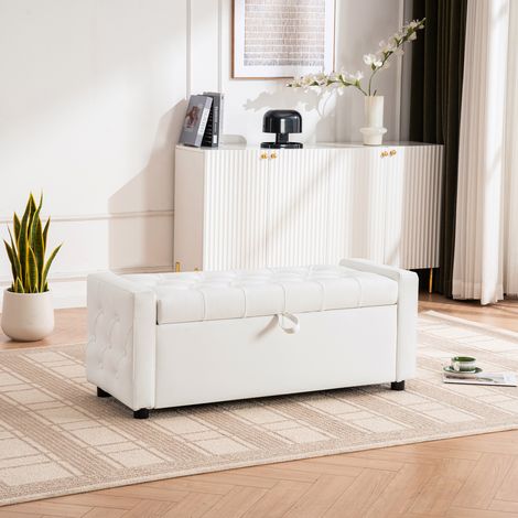 Banc coffre rectangulaire pour chambre, salon et entrée, rembourré, 122x45x47 cm, bois et tissu blanc (1/5)