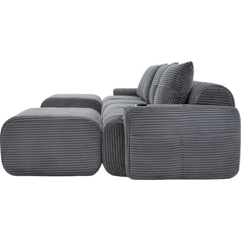 Sofá modular de 4 plazas de pana gris oscuro con 2 pufs, portavasos y bolsillo lateral (1/5)