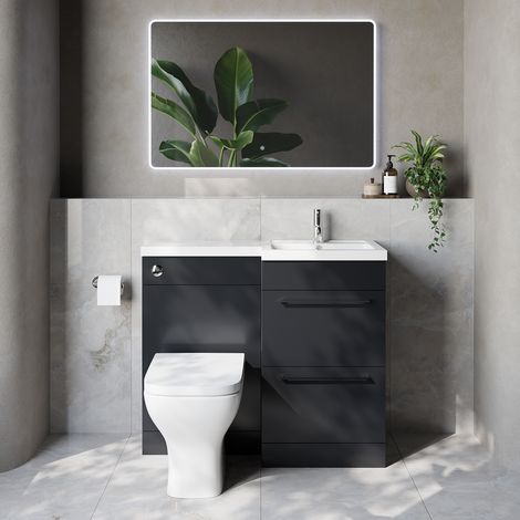 Napoli 390 Gloss Grey 1000mm 2 Drawer Vanity Unit Toilet Suite with Right Hand Square Lucia Basin - 1000mm - Chrome 320mm HandleWith Kingston Toilet Pan and Seat