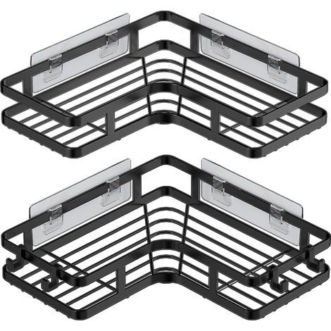 Eckduschablage ohne Bohren, 2 Eck-Badezimmerablagen mit 4 Haken, Duschgelhalter, Duschshampoohalter (1/4)