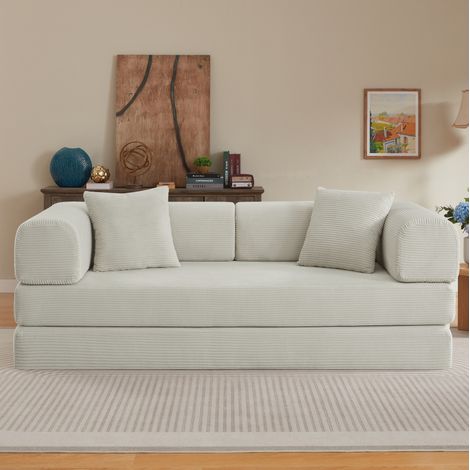 Sofá cama plegable beige de pana, con espuma de alta densidad y estructura de acero (1/5)