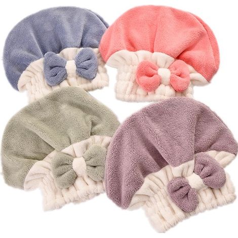 4 lazos para mujer, gorros de ducha con lazo, gorro para el cabello de secado rápido, toalla de baño de terciopelo coral superabsorbente (1/4)