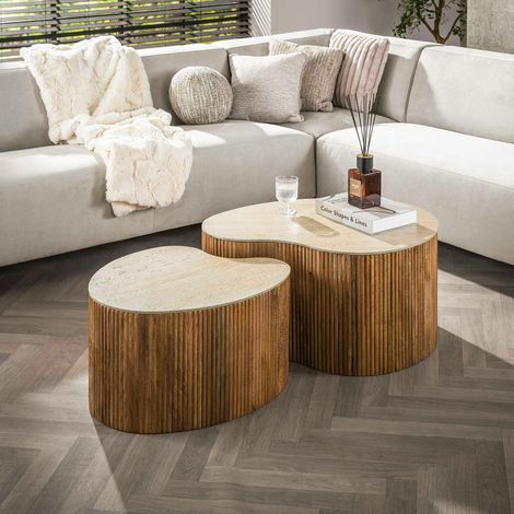 Table basse céramique 3D et bois, forme organique (x2) ASCOLI