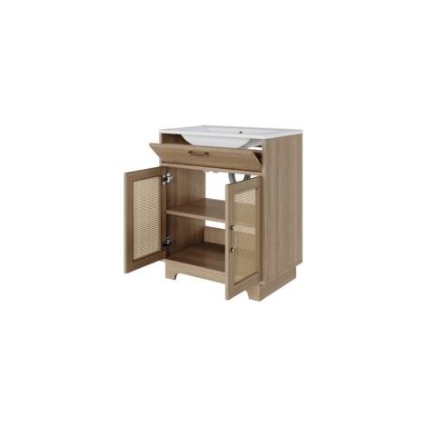 Meuble-lavabo sur pied avec vasque en céramique, avec tiroir relevable et 2 portes amorties, piètement haut orné de rotin, finition bois — Naturelle (1/5)