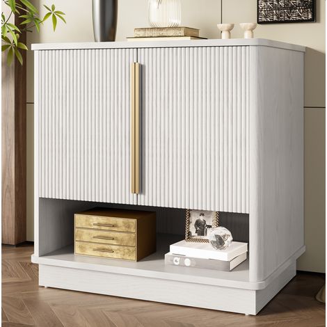 Scarpiera 60x40x61 cm bianco effetto legno in MDF con 2 ante e vano aperto, design elegante con maniglie dorate (1/5)