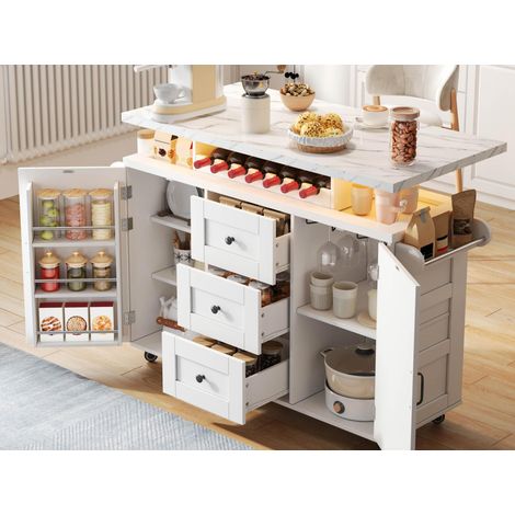 Modernluxe - Îlot central de cuisine avec table rabattable, LED, 2 portes et 3 tiroirs, porte-verres, roulettes - blanc (1/5)