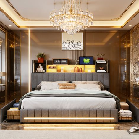 HYTKKBD – Lit avec Tiroirs 140x200cm,Lit Double avec LED et Chargement USB,Lit Capitonné avec 4 Tiroirs,Tête de Lit avec Rangement,Lit Adulte avec Sommier à Lattes,Lin,Gris