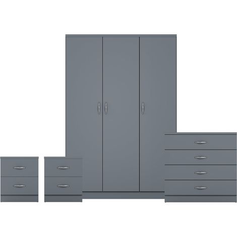 Riano 4 Piece Bedroom Set (2 Drawer Bedside Chest, 4 Drawer Chest, 3 Door Wardrobe), Grey (1/3)