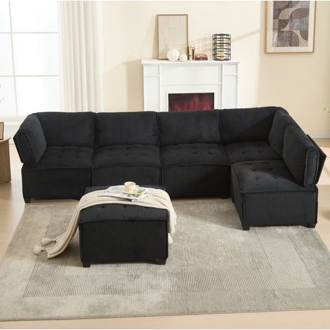 Divano modulare 6 posti 308 cm in tessuto cord nero HAVRYA (1/5)
